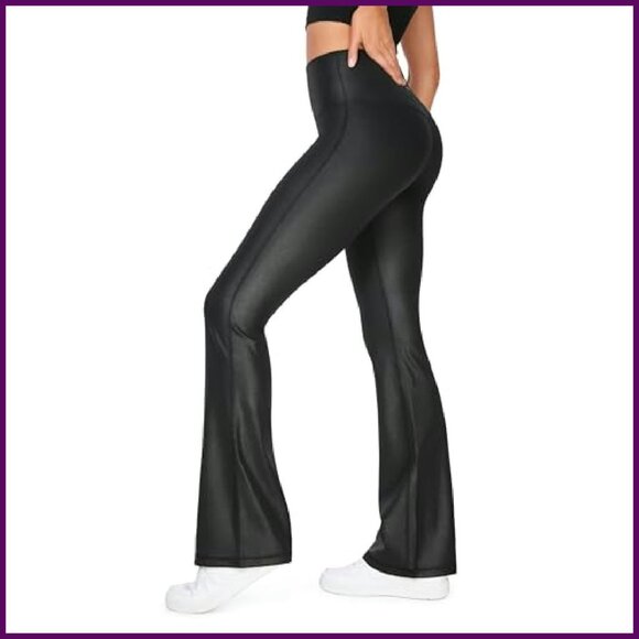 High Waist Faux Leather Flare Leggings 32" Inseam Yoga Pants - Picture 4 of 6